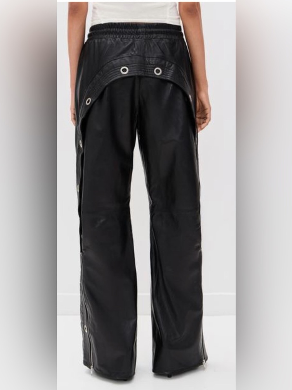 R13 Black Faux Leather Flared Pants with Snap Details